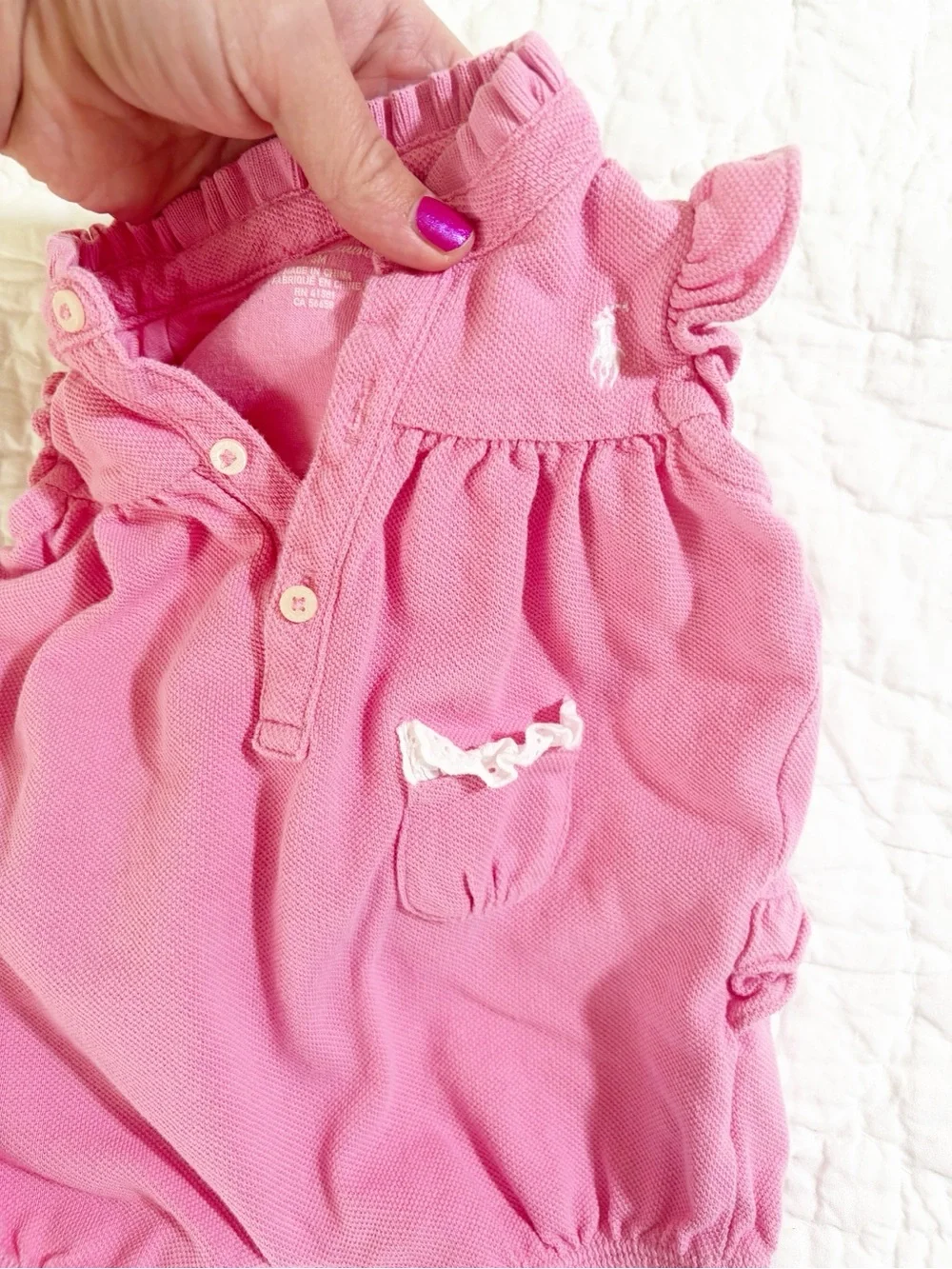 Ralph Lauren Pink Ruffle-Sleeve Polo Baby Romper